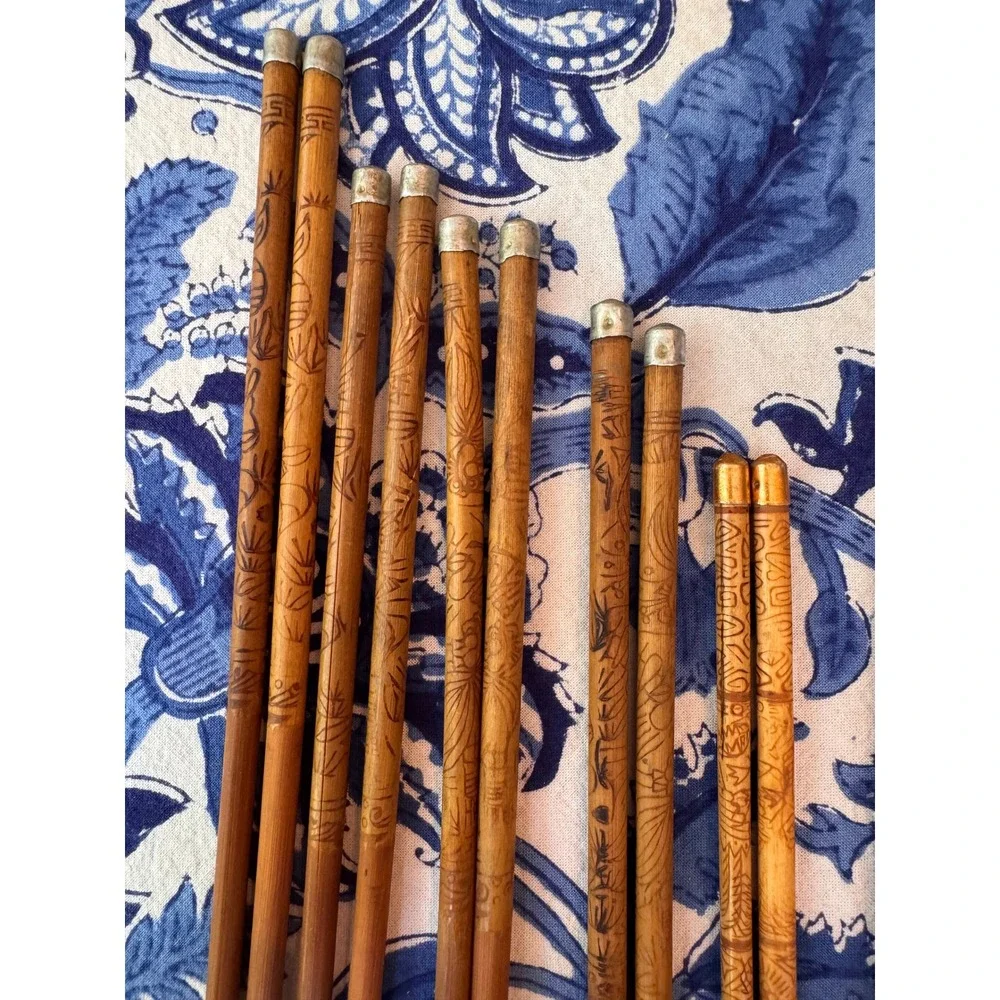 Vintage Assorted Chopsticks Set 9 Pairs Bamboo Carved Wood Lacquer Inlaid Decor